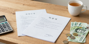 국민연금과 기초연금 계산을 위해 서류와 계산기가 놓인 책상