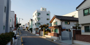 따뜻한 오후 햇살이 비치는 한국의 주택가 풍경, 아파트와 단독주택이 공존하는 모습