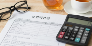 따뜻한 햇살이 비치는 책상 위에 국민연금 관련 서류와 계산기, 차 한 잔이 놓여 있는 정돈된 모습