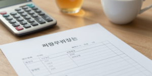 나무 테이블 위에 놓인 연금 관련 서류와 계산기, 차 한 잔이 따뜻한 아침 빛에 비춰지는 모습