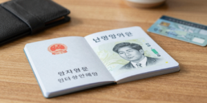 나무 테이블 위에 놓인 국민연금 안심통장과 은행 카드, 지갑이 함께 배치된 따뜻한 분위기의 생활 이미지