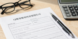 따뜻한 햇살이 비치는 책상 위에 국민연금 청구 서류와 계산기가 놓여 있는 모습