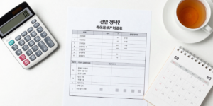 60세 이후 임의계속가입을 고려하는 은퇴 설계 테이블 위 계산기와 연금 서류, 달력이 놓인 현실적인 장면